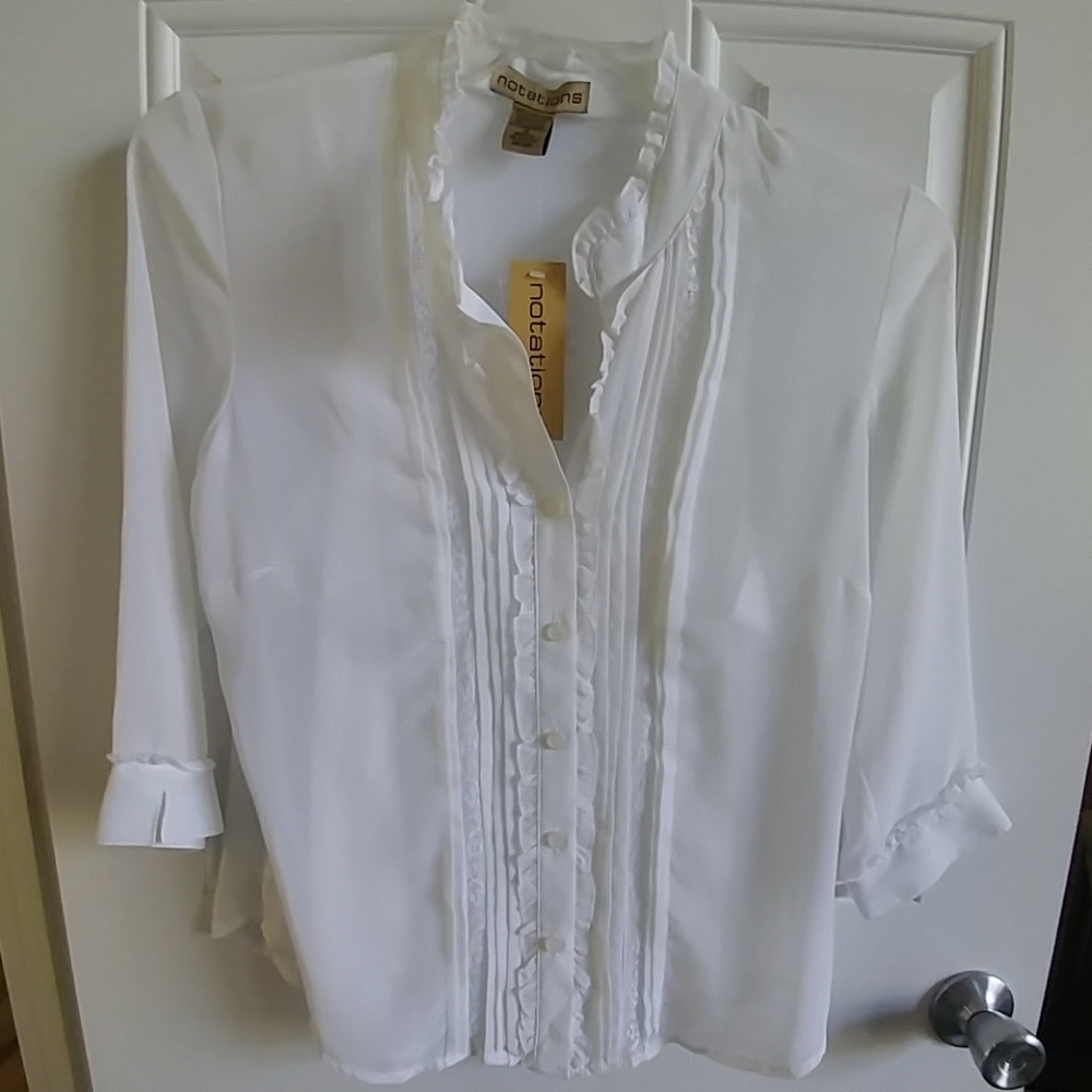 Notations White button down blouse lace ruffles M